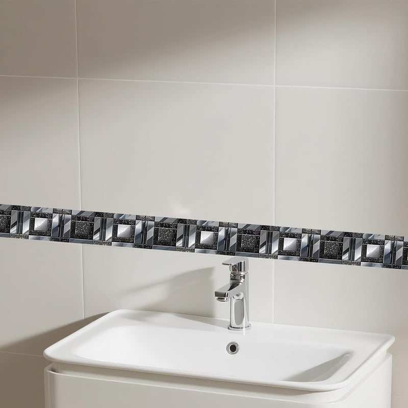 IVN Wallpaper Border Peel and Stick Wall Black and Silver Mosaic Decorative Wall Trim Self Adhesive Border for Walls Mirror Frame Accent Strip for Bedroom Kitchen LivingRoom 4x196 Inch - Image 5